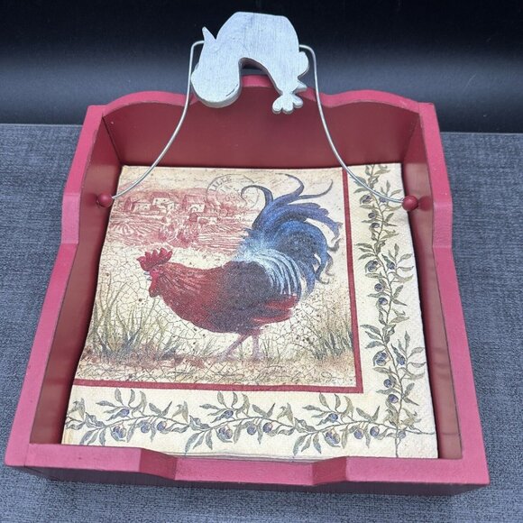 Vintage Wooden Red Napkin Holder w/ Metal Rooster Chicken Country Kitchen Rustic - Picture 3 of 12